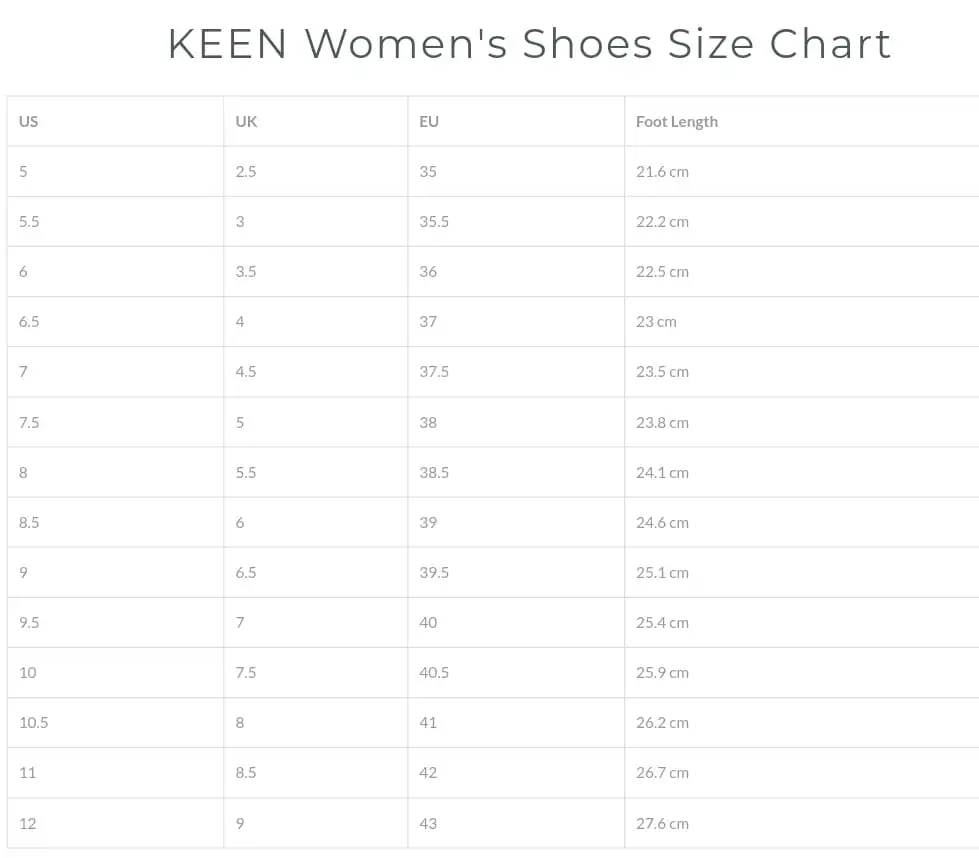 Keen Shoe Sizing Chart womens